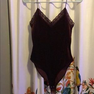 Maroon Velvet bodysuit with lace detailing